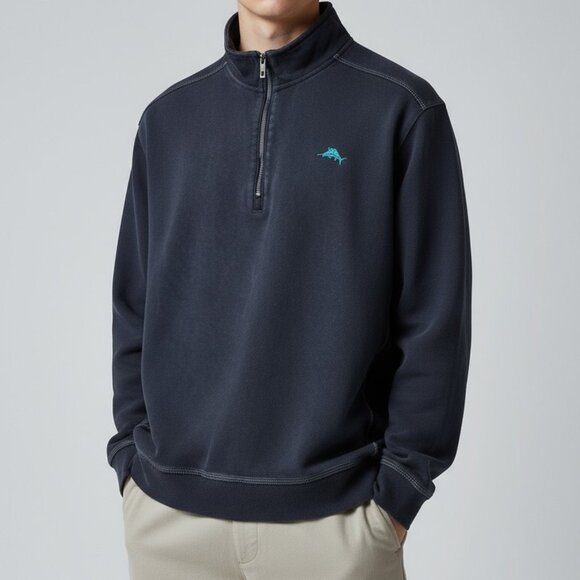 Tommy Bahama Sweater Men's L Navy 1/4 Quarter Zip Pullover Cotton Comfy - Picture 1 of 6